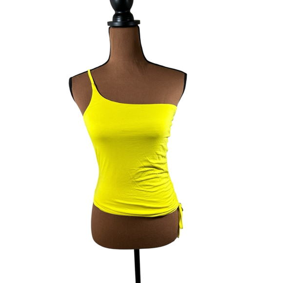 Women's Superdown Neon Yellow One Shoulder Ruched Tank Top S - Picture 3 of 7
